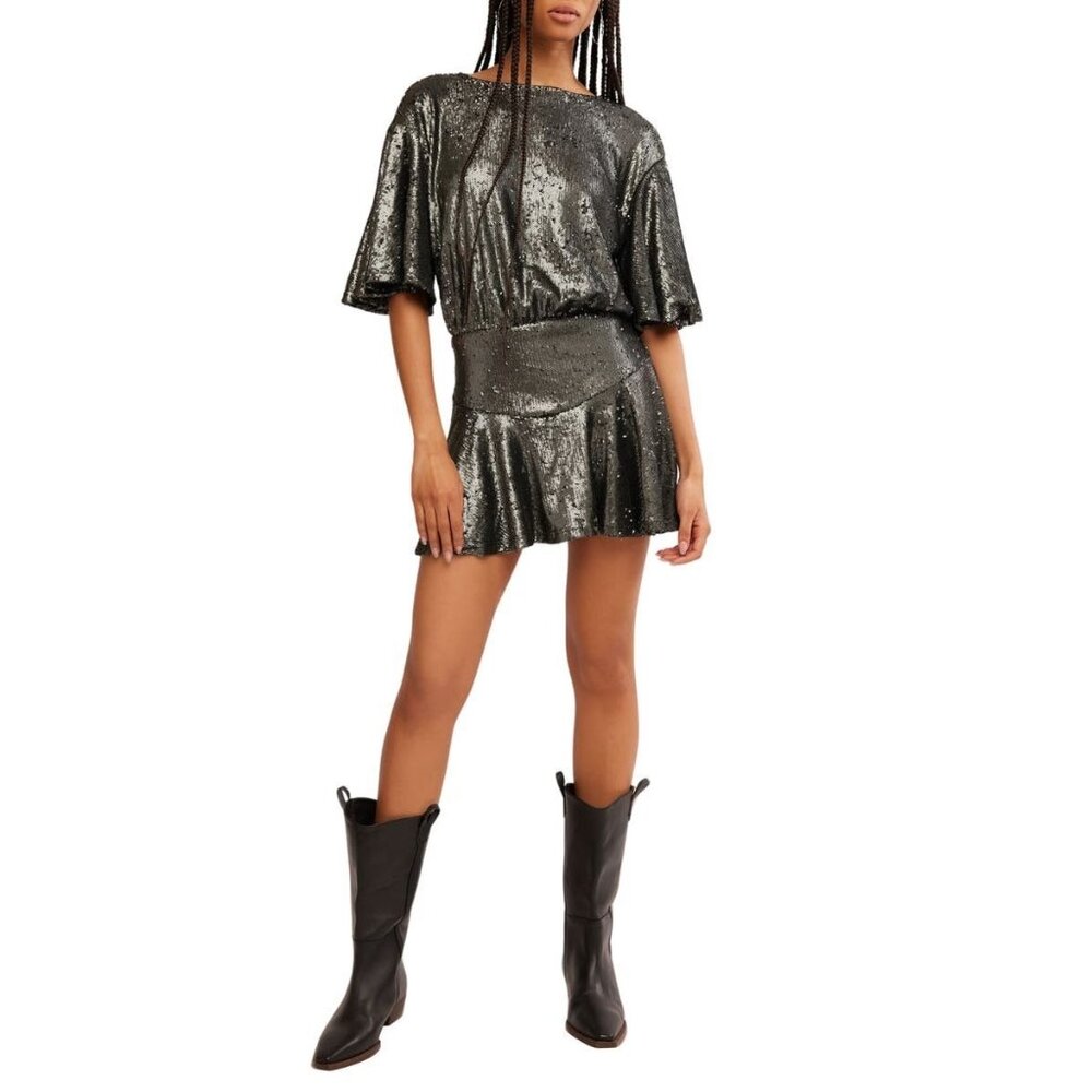 Free People Manuka Sequin Mini Dress Silver Black Size L MSRP $168